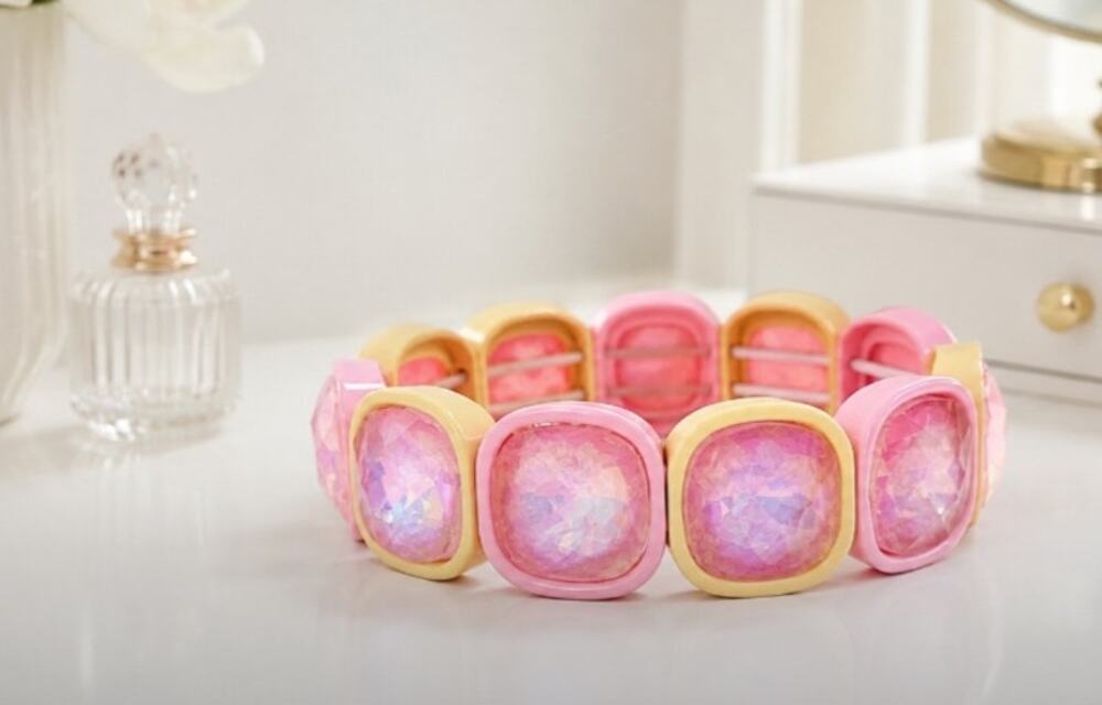 Enamel Pink Yellow Crushed AB Stone Stretch Bracelet New